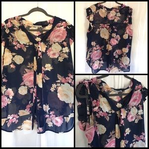 1X Navy Blue Chiffon Floral Top